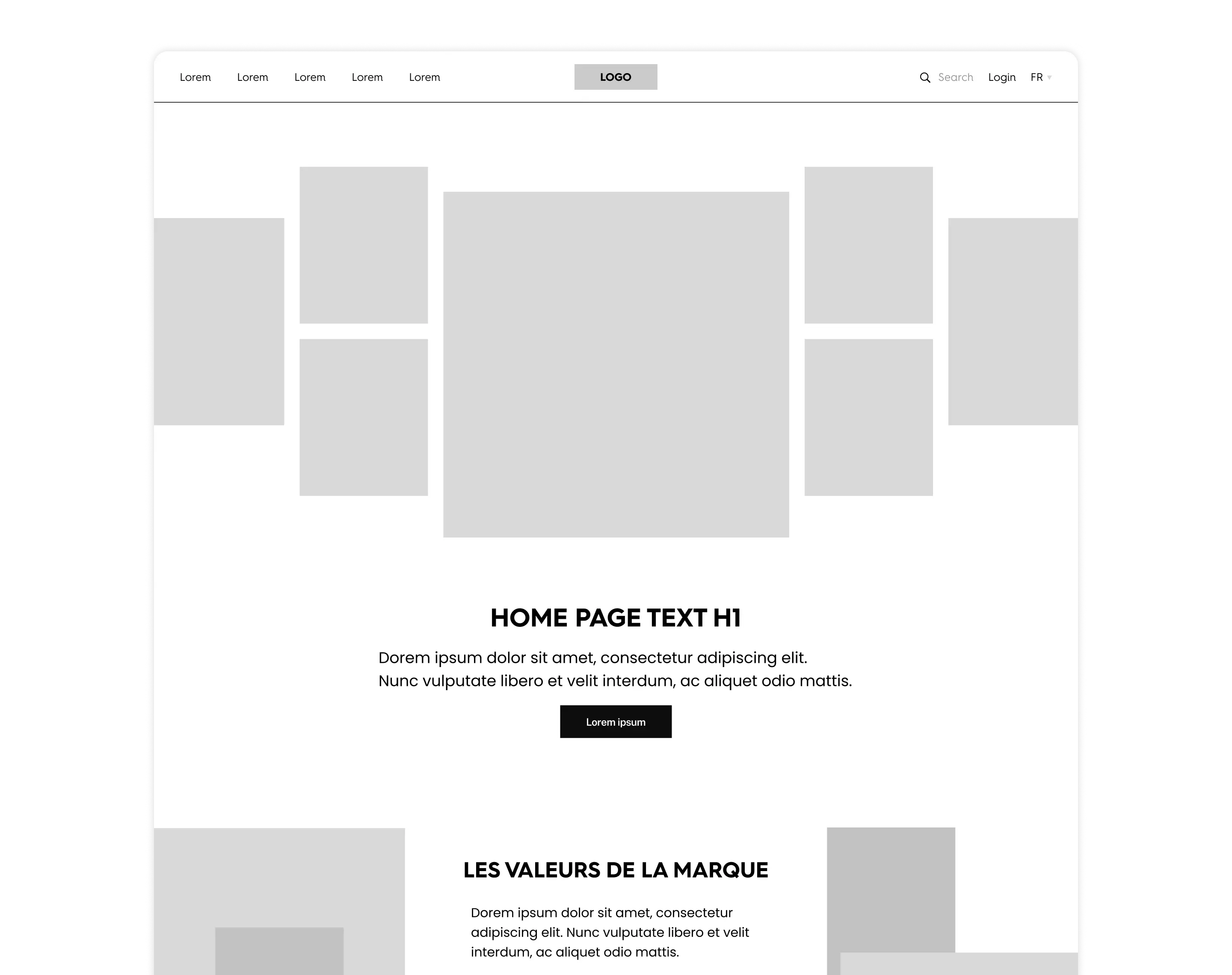 Maquette wireframe d'une page d'accueil avec une barre de navigation, un titre principal et des espaces réservés pour des images.