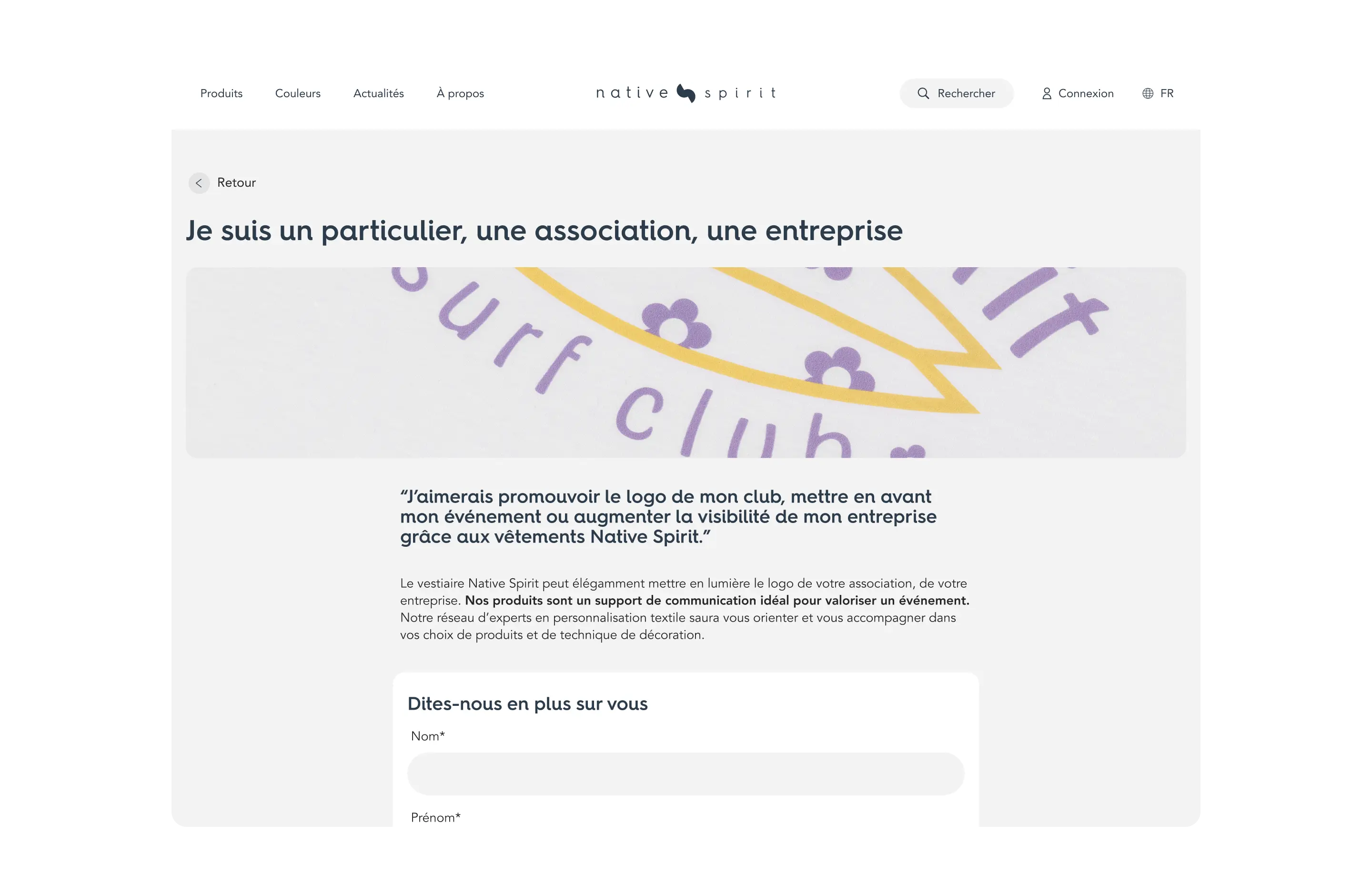 Formulaire de personnalisation textile pour particuliers, associations et entreprises.