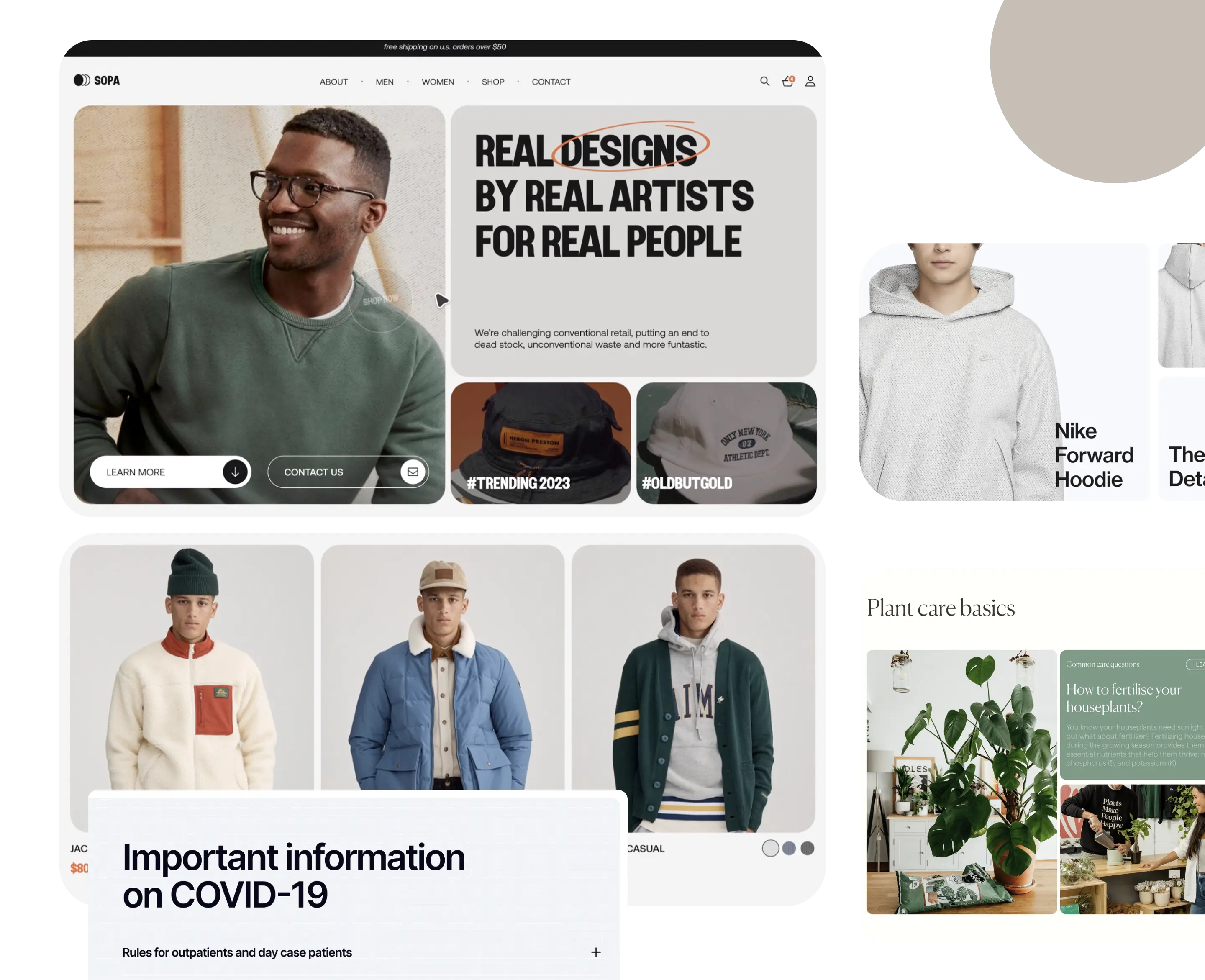Aperçu d'un moodboard de site e-commerce de mode avec des produits tendance et des messages promotionnels.