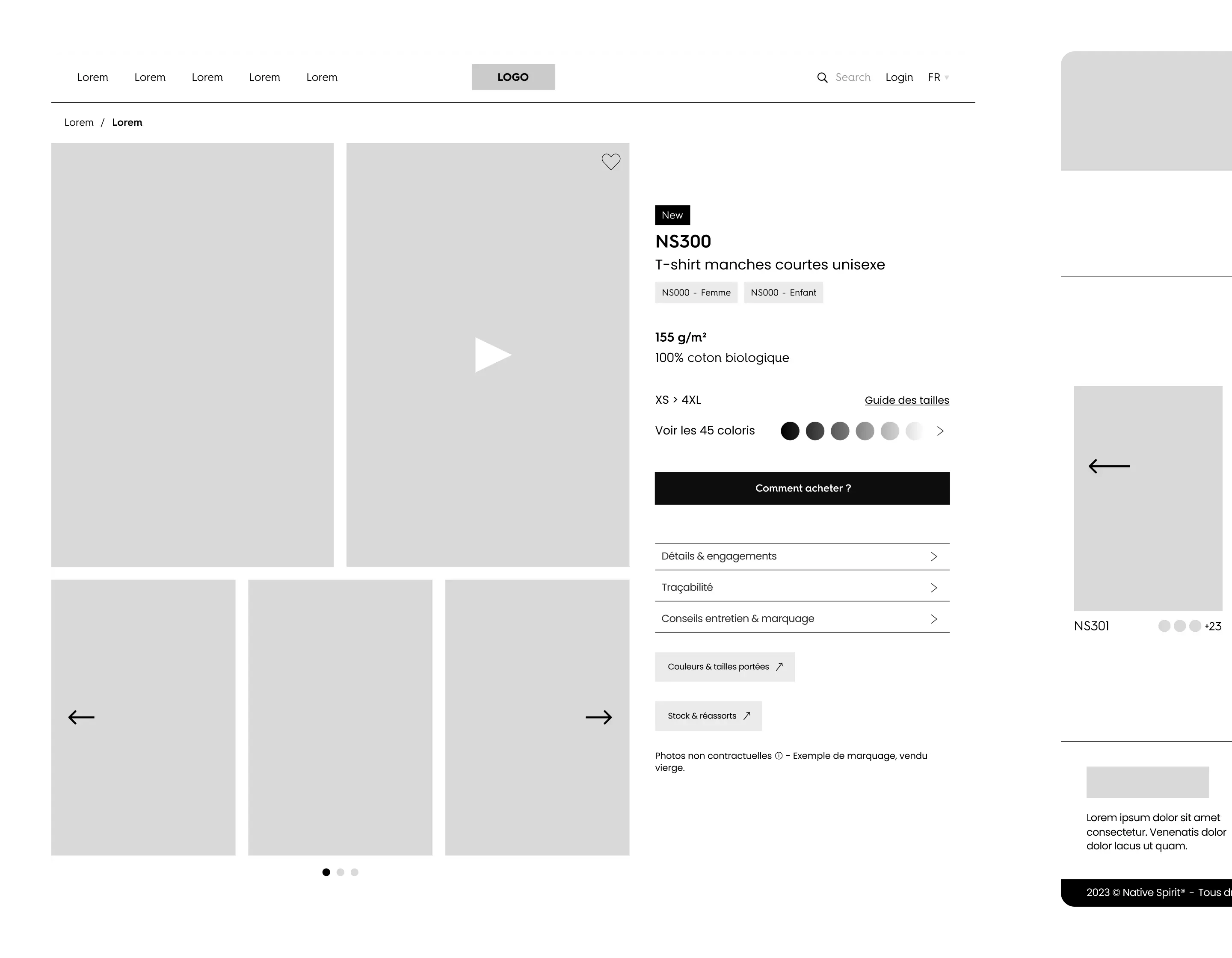 Maquette wireframe d'une page produit pour un t-shirt unisexe, affichant des images, une description, des options de taille et couleur, ainsi que des boutons d'achat et d'information.