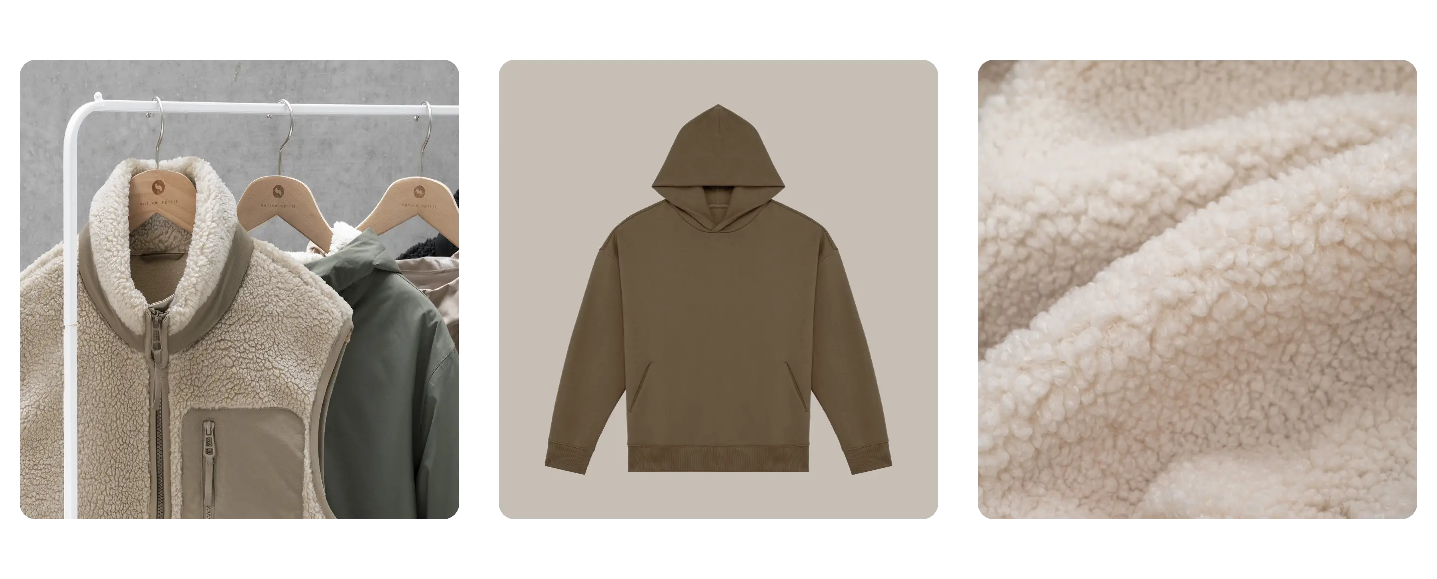Triptyque d'images présentant des vêtements en tissu polaire : un gilet sans manches accroché à un portant, un sweat à capuche beige sur fond uni, et un gros plan de la texture du tissu.