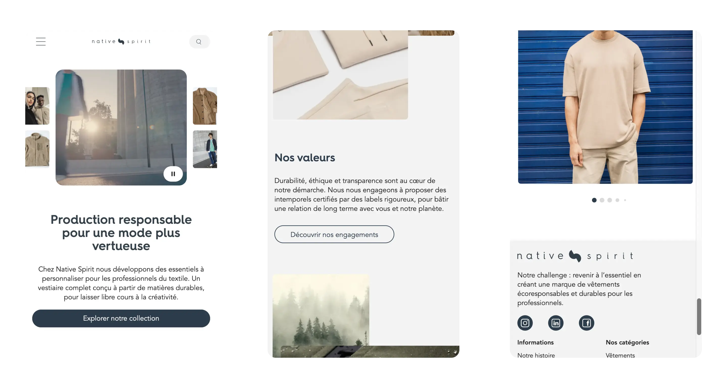 Aperçu mobile d’un site web de mode écoresponsable, affichant des vidéos et images de vêtements, ainsi que des sections sur la production durable et les valeurs de la marque.