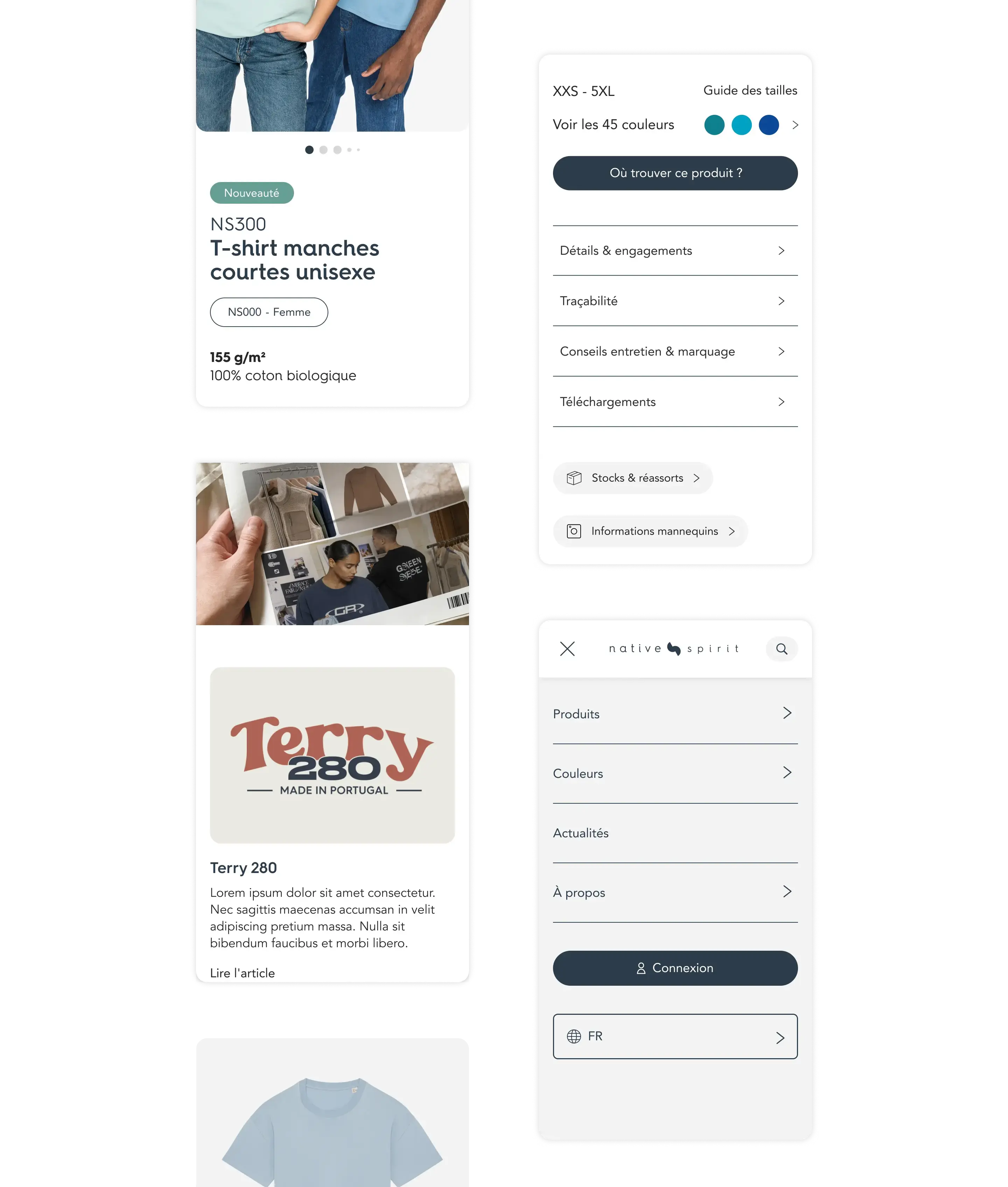 Aperçu mobile d’un site e-commerce de mode écoresponsable, affichant une fiche produit pour un t-shirt unisexe, un guide des tailles, un article sur un tissu, et un menu de navigation.