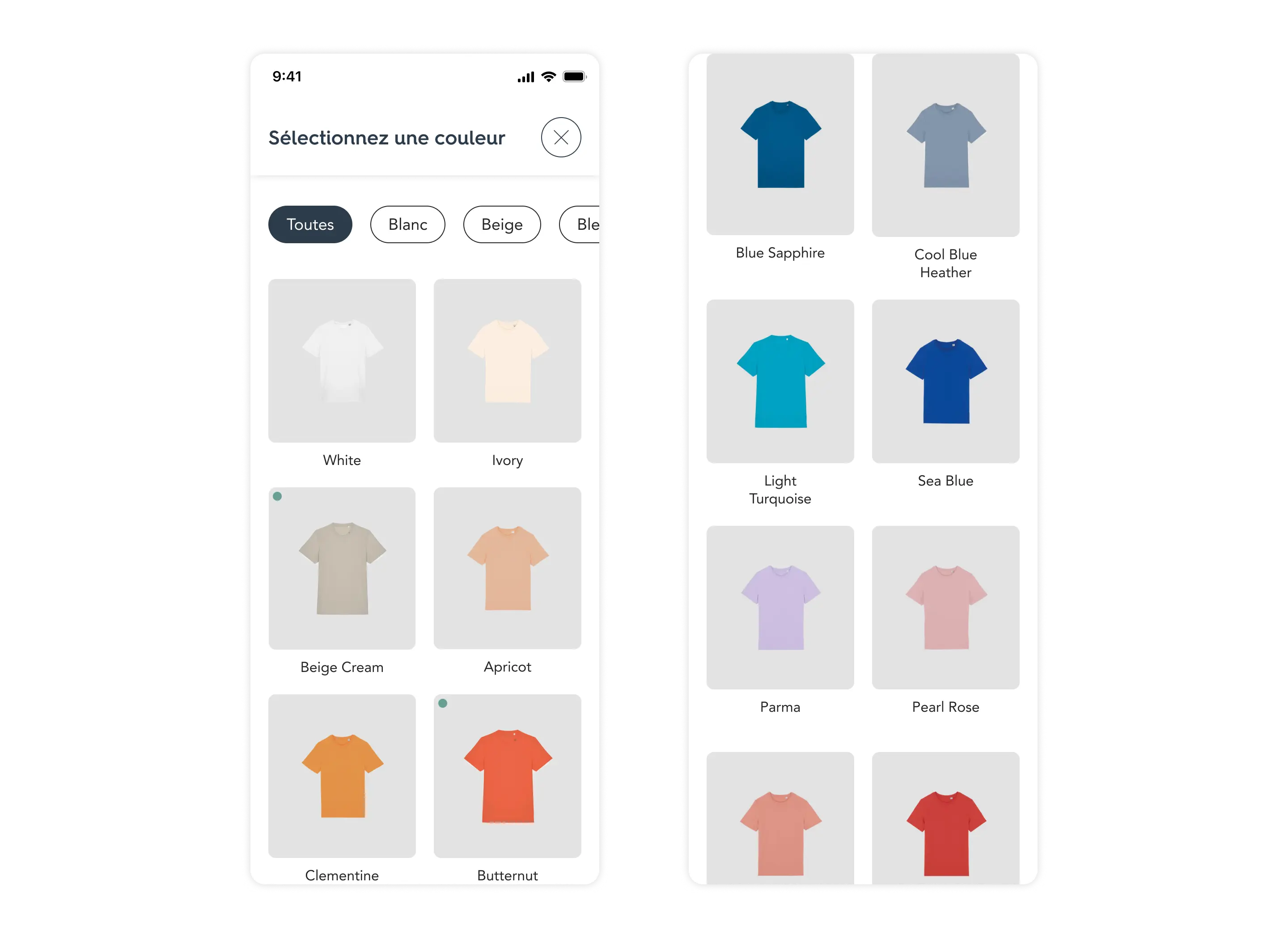 Sélecteur de couleurs pour un t-shirt, affichant plusieurs teintes disponibles.