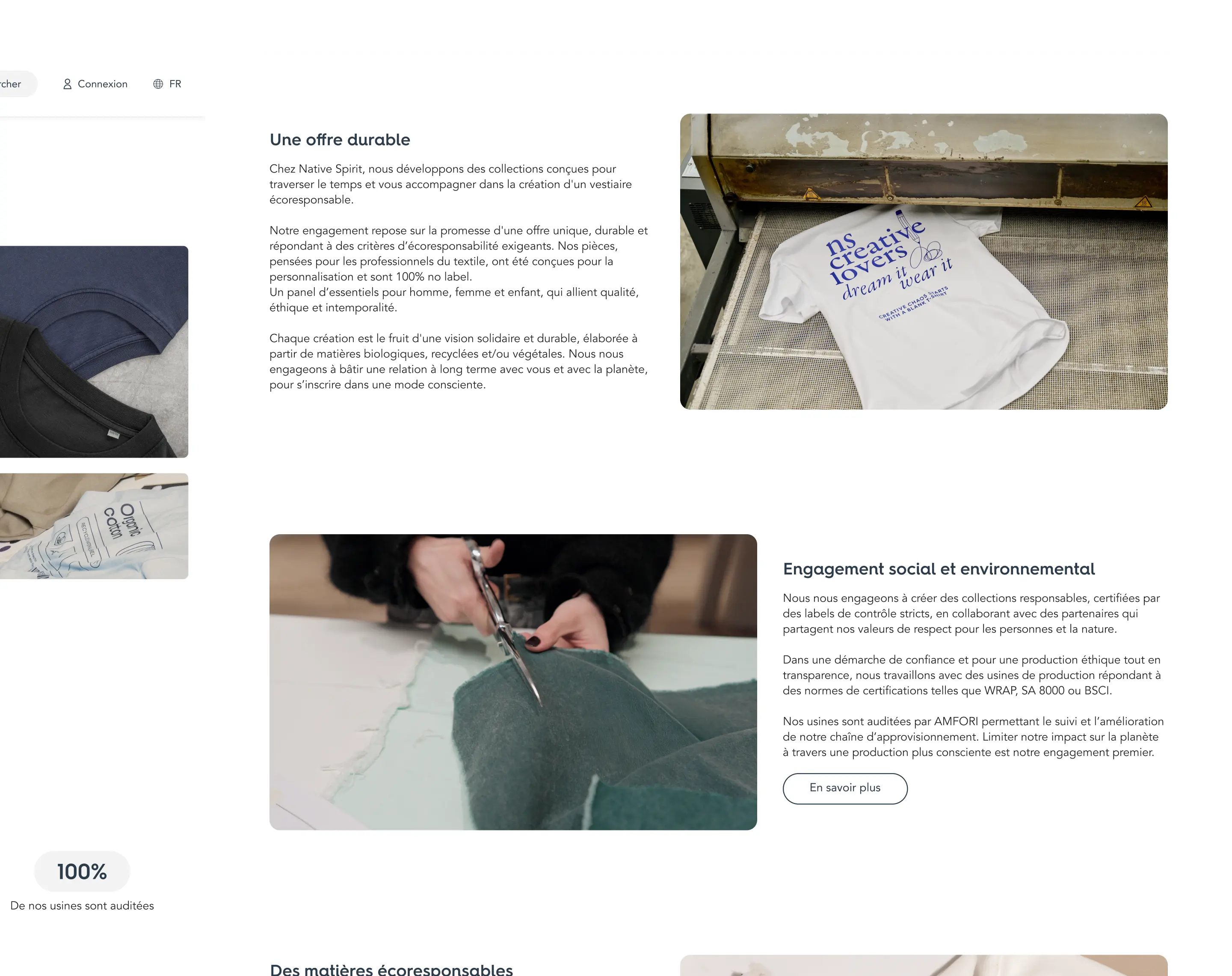 Page détaillant les engagements de durabilité et de production écoresponsable d'une marque de mode.
